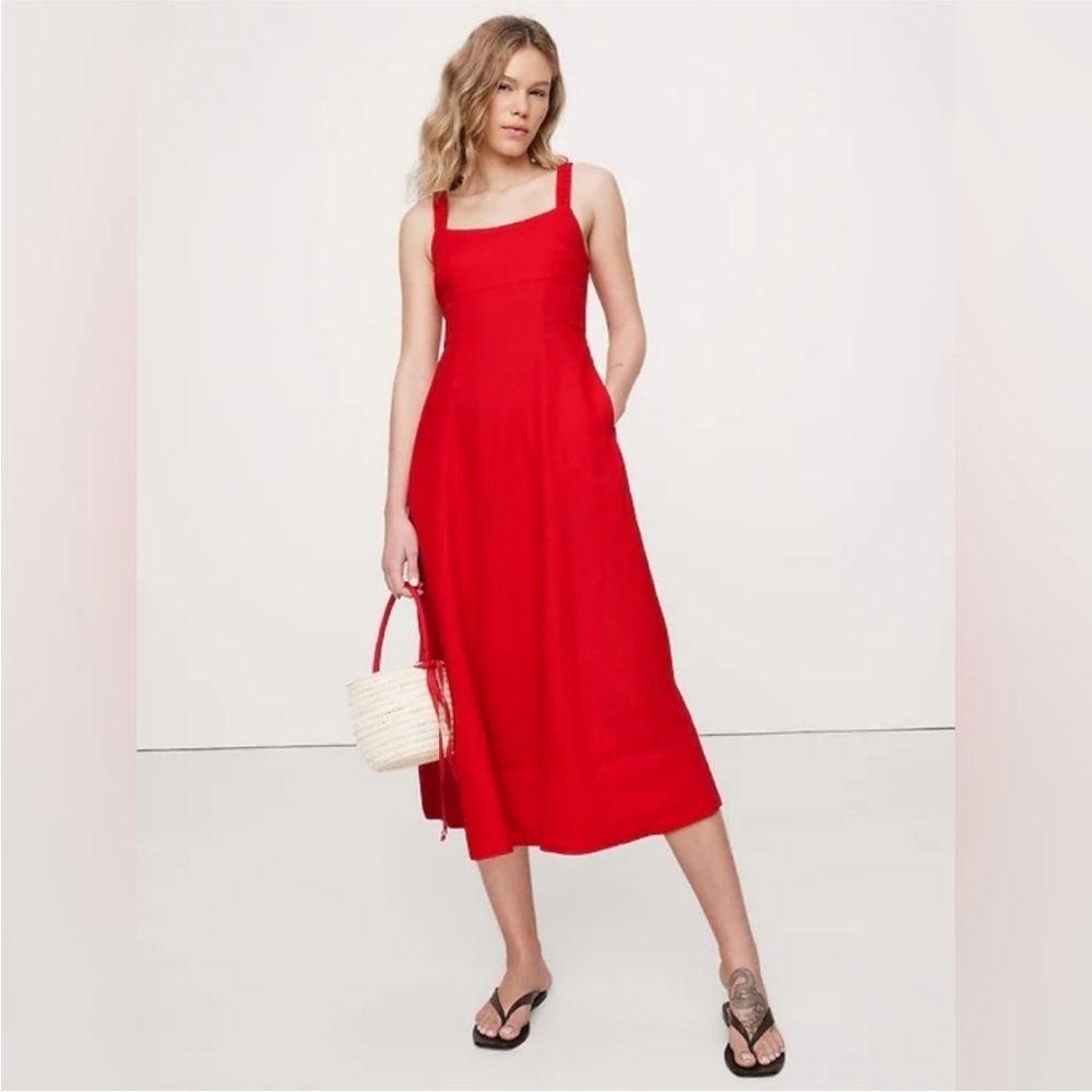 NEW Banana Republic Red Cherry Glaze Linen Square-Neck Midi Dress - 12 TALL